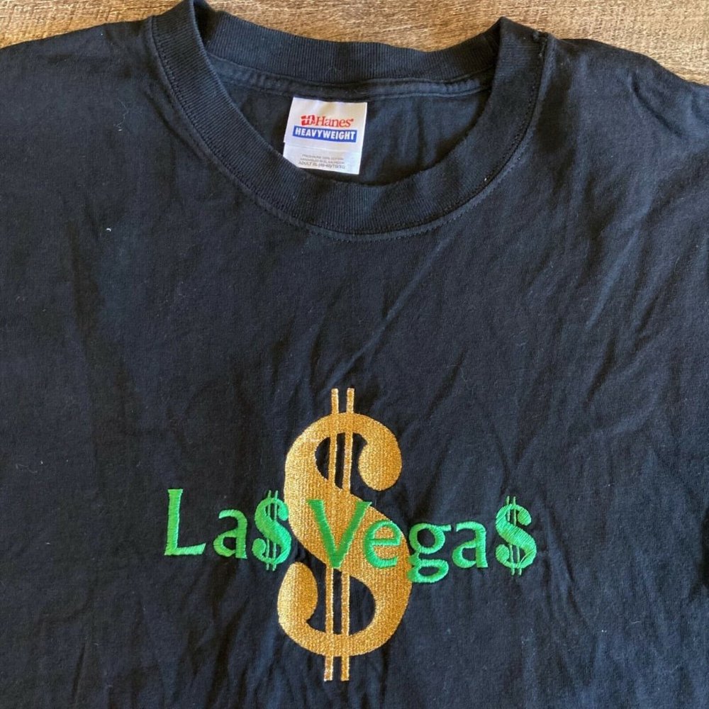 Hanes Las Vegas Dollar Sign Men's Black Cotton Embroidered T-Shirt - Size XL